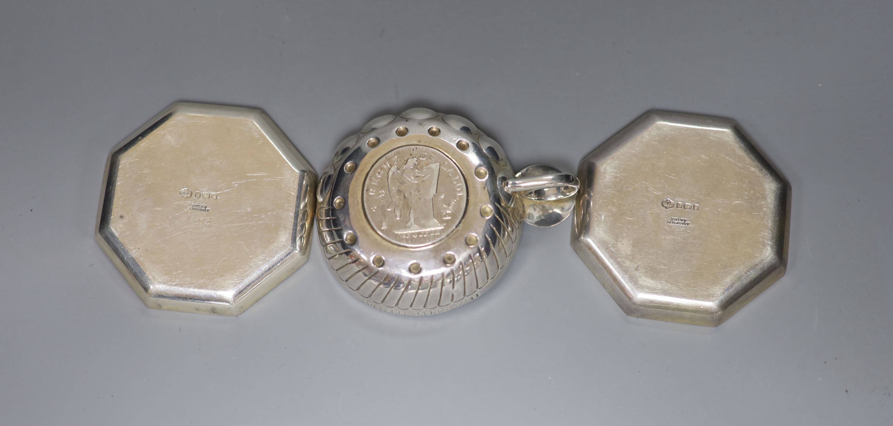 A pair of 1930's silver octagonal nut dishes, 83mm and a French white metal taste vin
